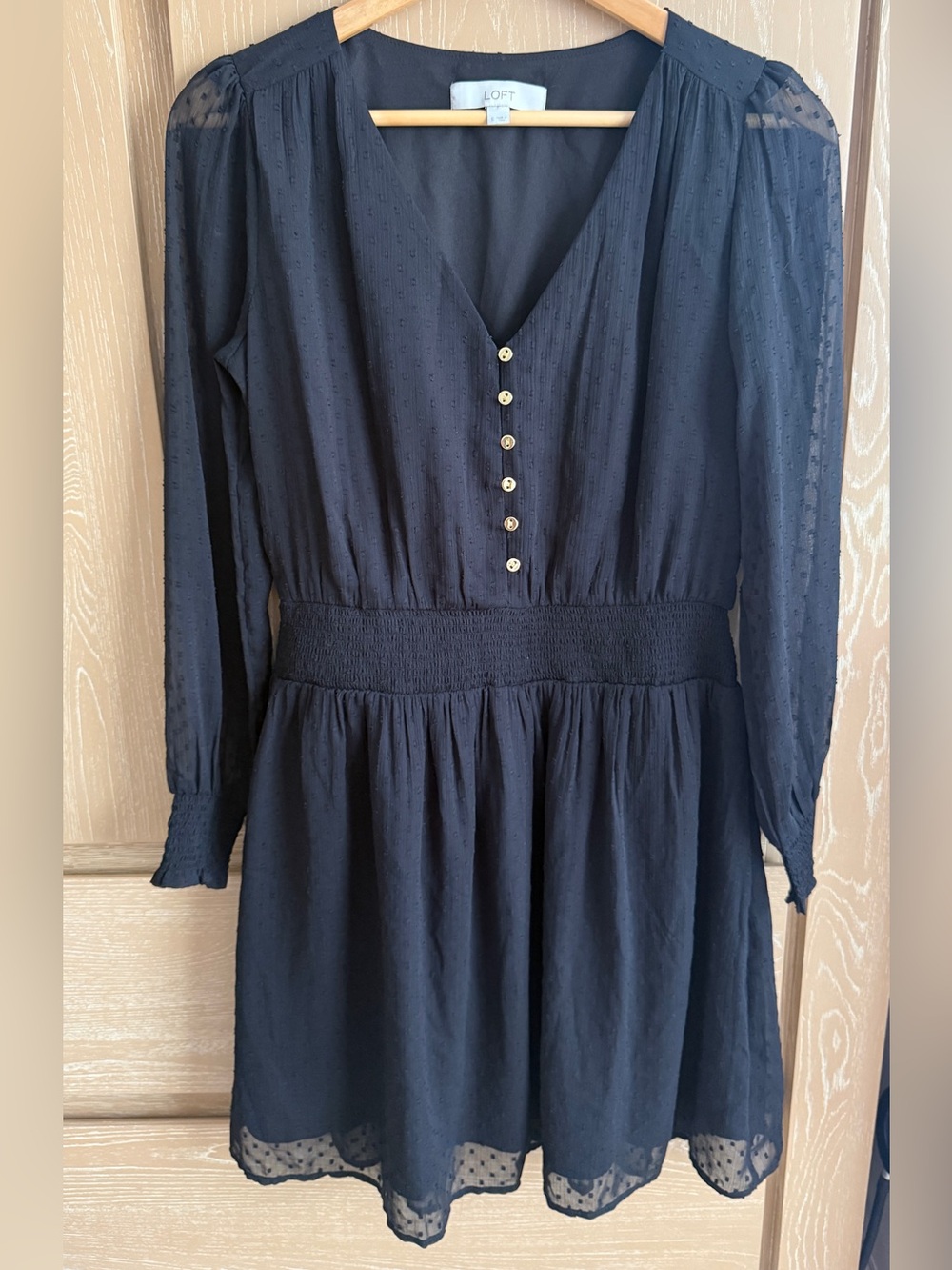 LOFT Black Long-Sleeve V-Neck Button-Front Smocked Waist Dress